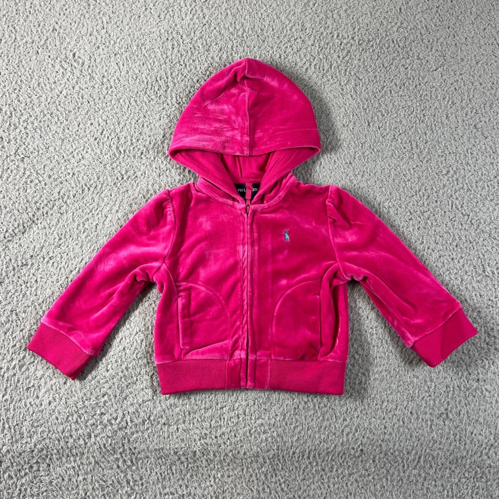 Ralph Lauren Tracksuit Girls 12M Pink Velour Zip Hoodie‎ and Pants Set Vintage